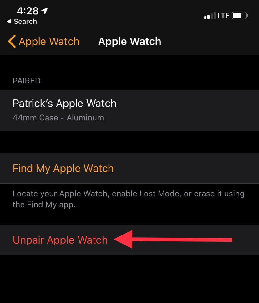 Unpair Apple Watch in Settings